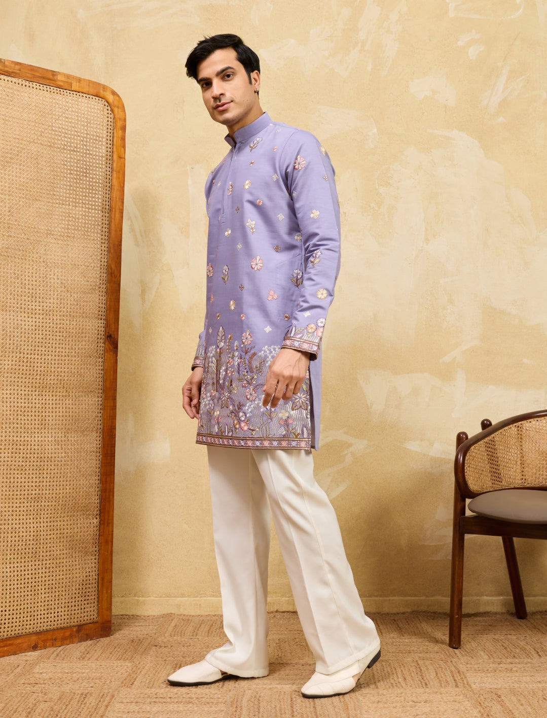 Men's SOFT LAVENDER Viscose Silk Kurta with Threads & Sequin Embroidery