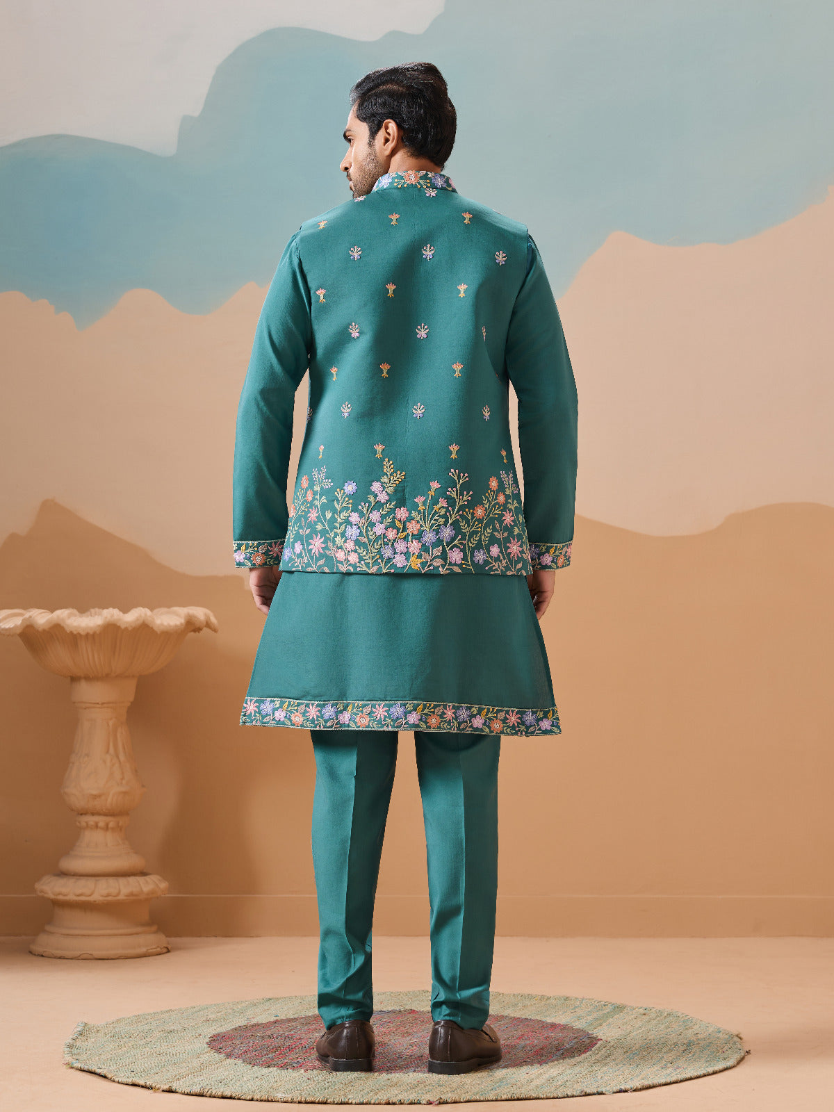 Wedding Party Outfit Rama Green Kurta Koti Pant for Men