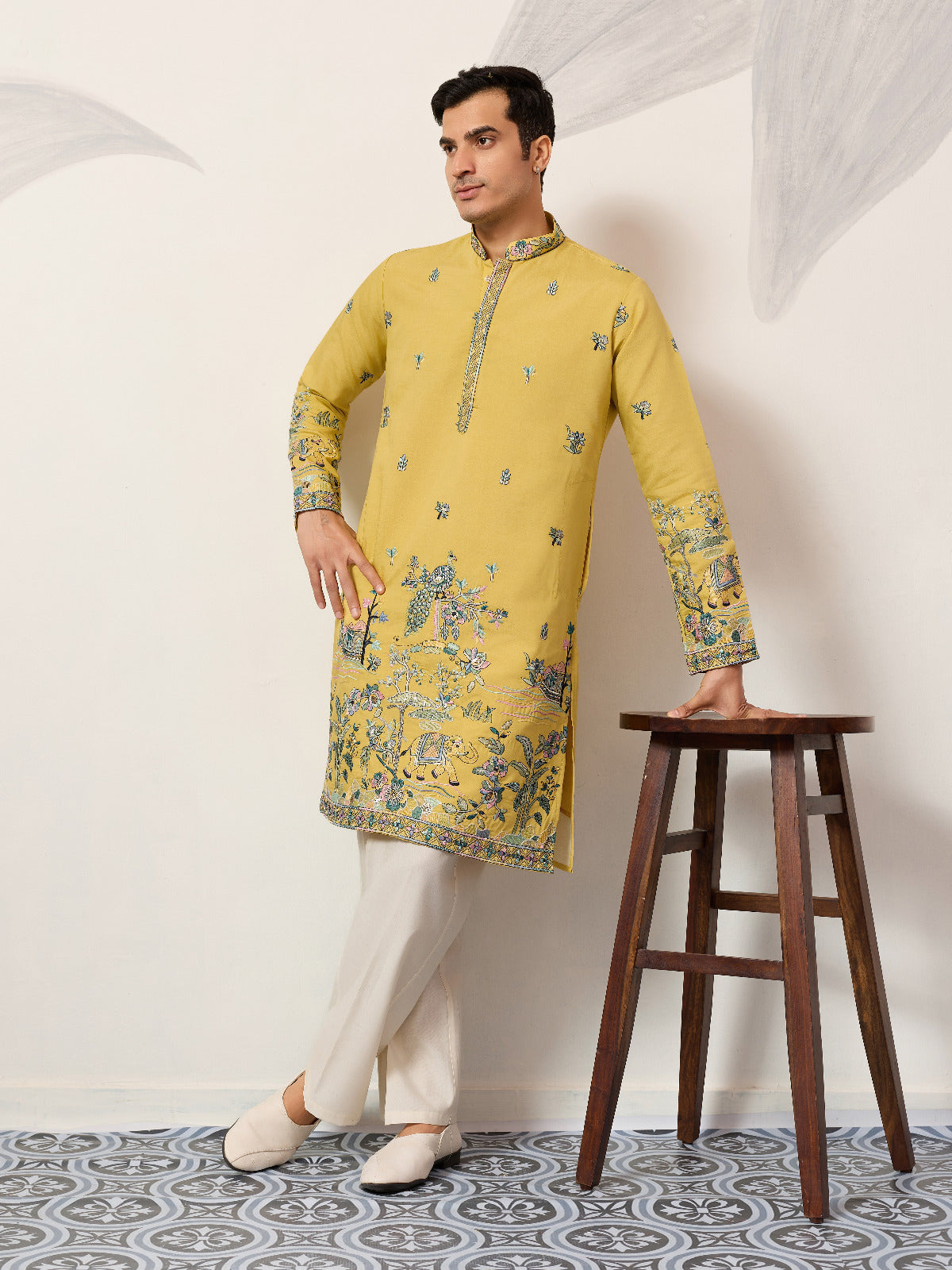 Yellow Thread & Sequin Embroidered Kurta Set for Mens
