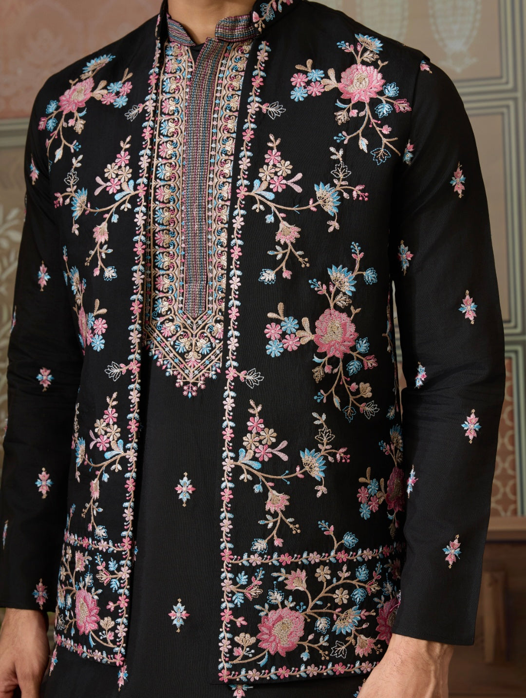 Black Mens Kurta with Stylish Koti for Wedding Wear