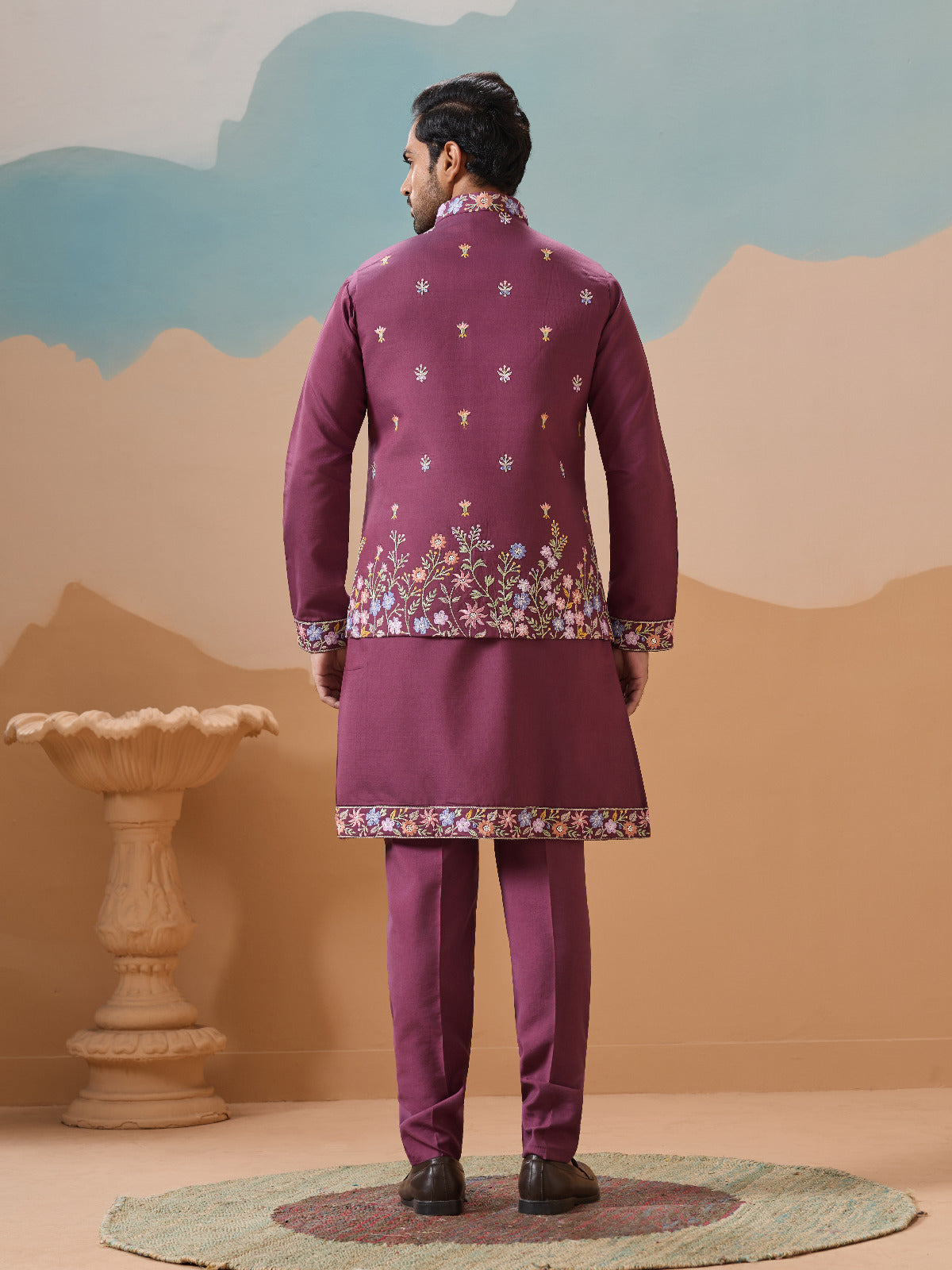Dusty Color Embroidered Koti Kurta with Pant for Mens