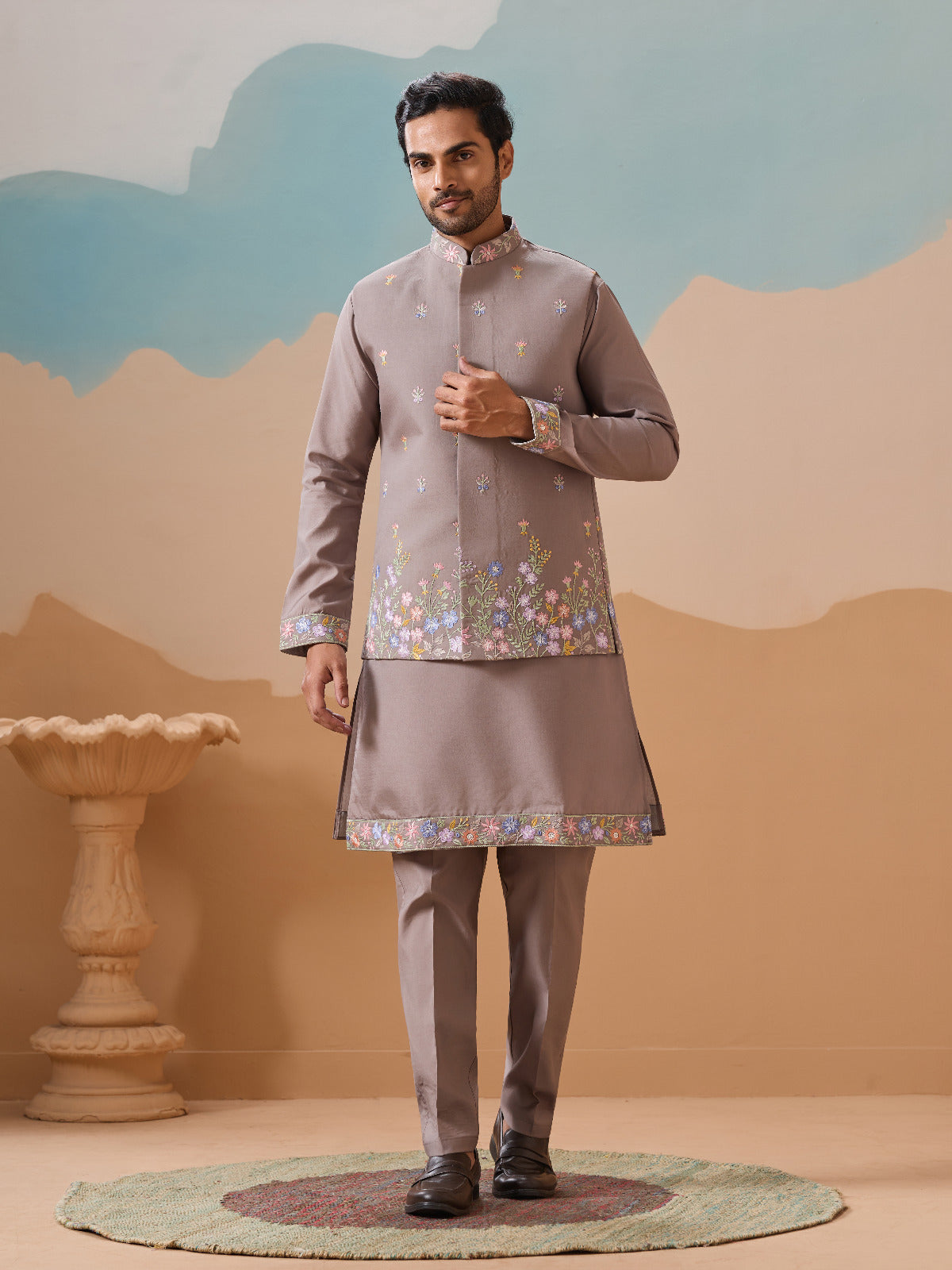 Elegant Grey Embroidered Koti Kurta Pant for Mens Vendor