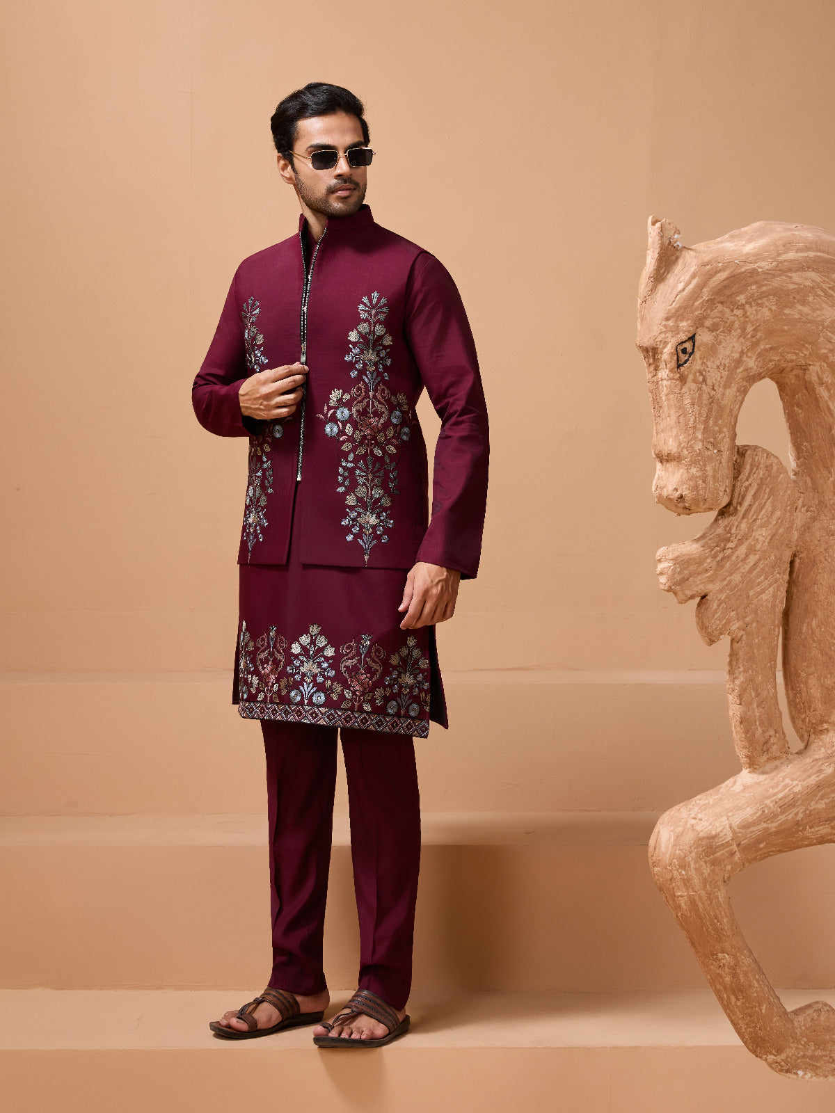 Maroon Color Traditional Special Koti Kurta Set for Men's Wear