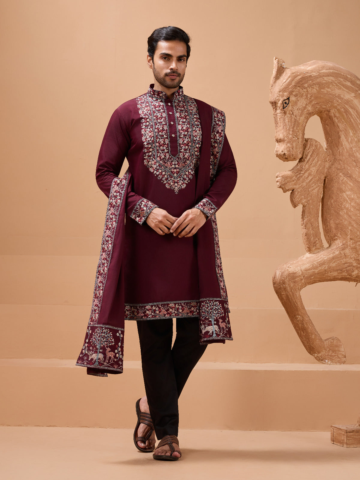 Latest Signature Maroon Kurta and Dupatta for Mens Wea