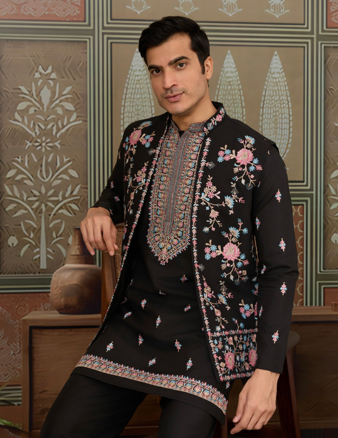 Black Mens Kurta with Stylish Koti for Wedding Wear