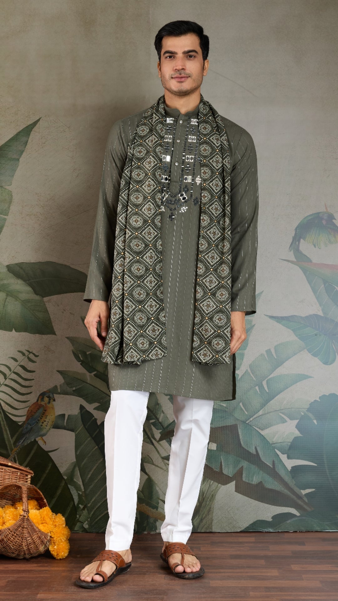 Premium Olive Green Mirror Work Kurta with Dupatta for Occasions