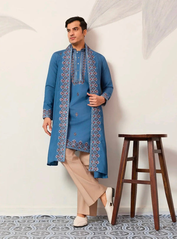 Wedding Royal Look Blue Kurta with Dupatta for Mens Wear